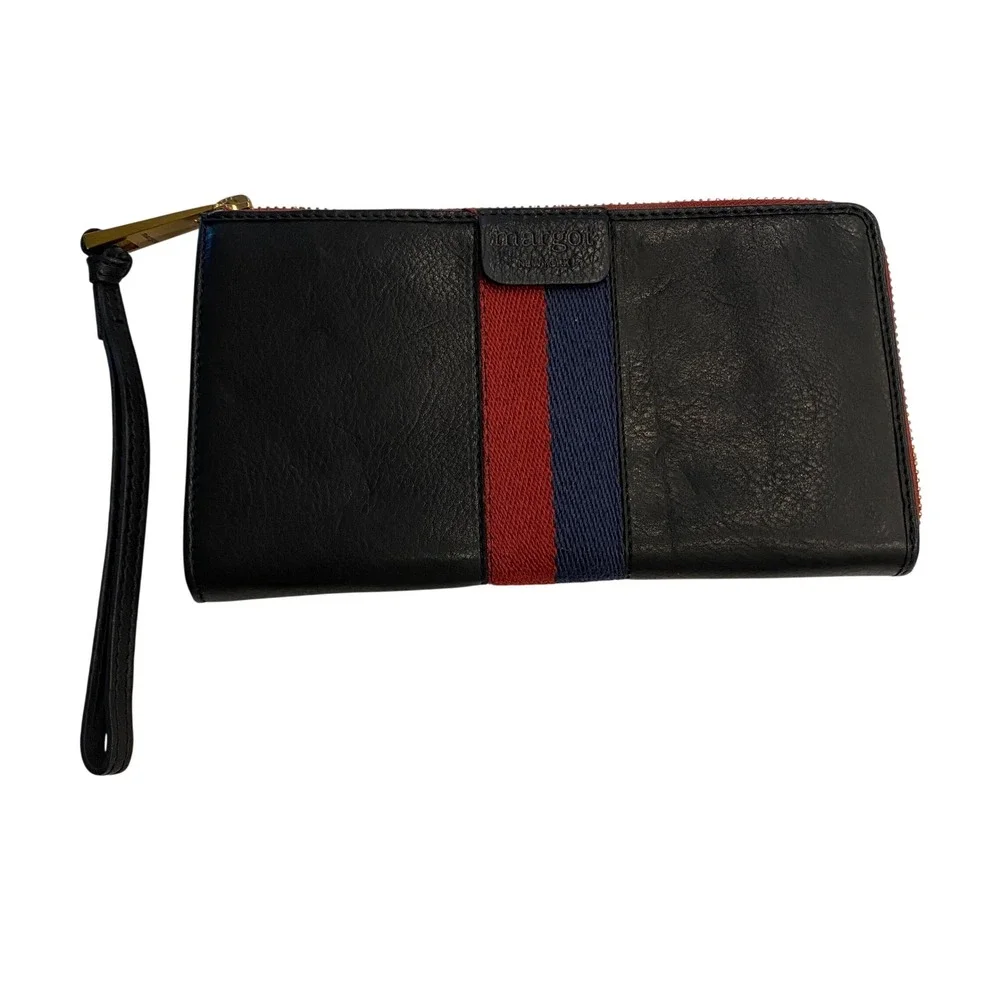 Margot New York Black Leather Wristlet Wallet Red Blue Stripe Gold Hardware EUC